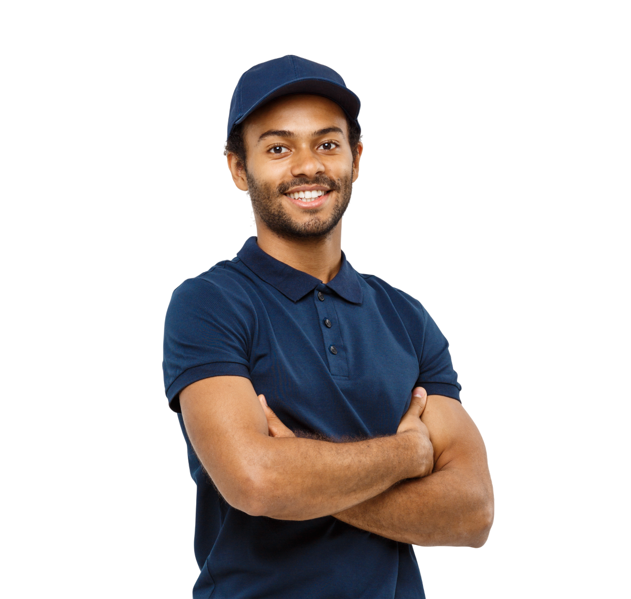 concept de livraison handsome african american delivery man croise les bras sur l isole sur fond gris studio espace de copie photoroom